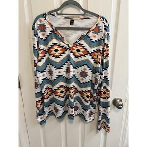 Ranlege Med Coral Teal Top Aztec Print Long Sleeve Split V-neck Stretch New